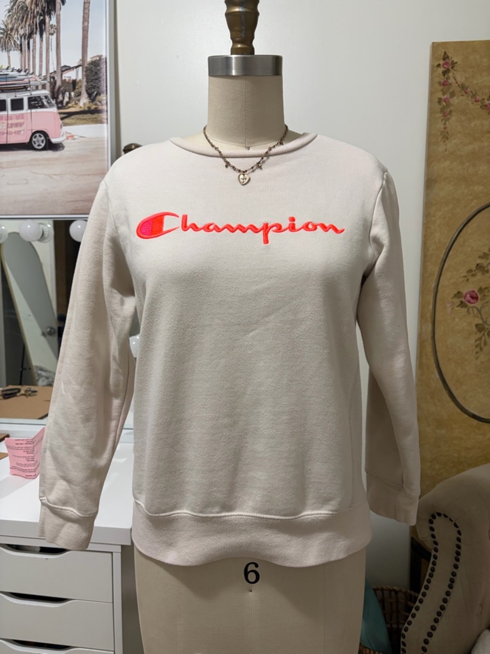 Champion Authentic Crewneck Sweatshirt in Cream with Blue Logo